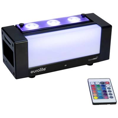 Effet lumineux LED noir avec télécommande affichant différentes couleurs et modes. Appareil Eurolite avec fonction QuickDMX.