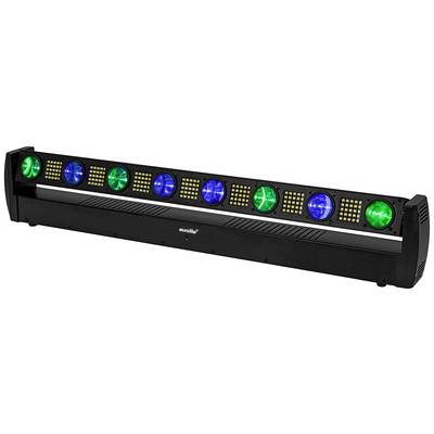 Appareil d'effets lumineux LED équipé de plusieurs projecteurs circulaires à LED, émettant des lumières bleues et vertes, montés sur une barre noire.