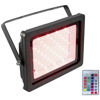 Projecteur LED noir avec lumière rouge, à côté d'une télécommande munie de touches de différentes couleurs pour le contrôle de l'éclairage.
