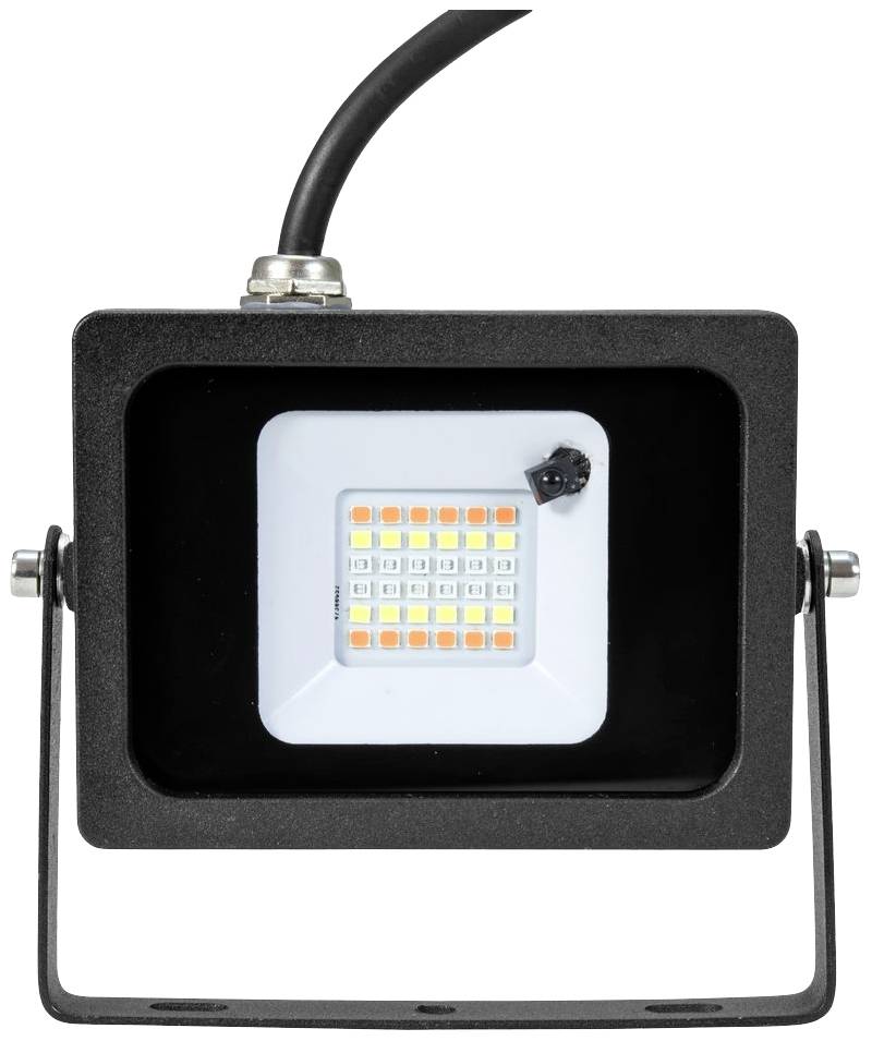 Un projecteur LED avec un boîtier noir et un câble en haut. Les LED sont visibles à l'intérieur du cadre rectangulaire.