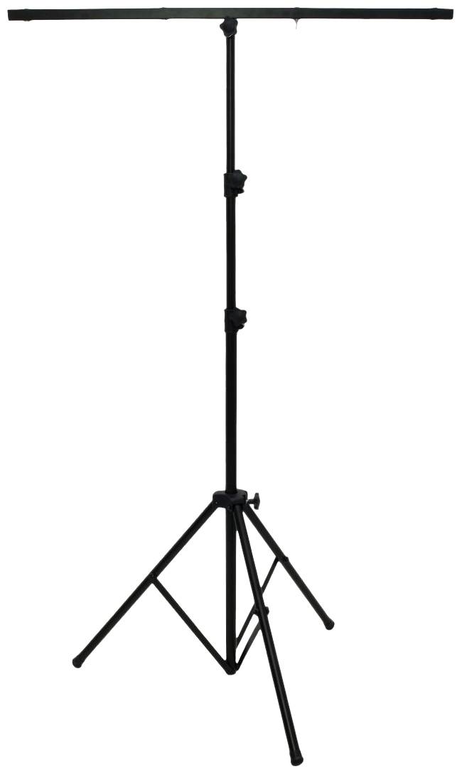Un trépied noir avec des pieds réglables et une barre transversale horizontale, probablement destiné à l'éclairage ou à l'équipement audio.
