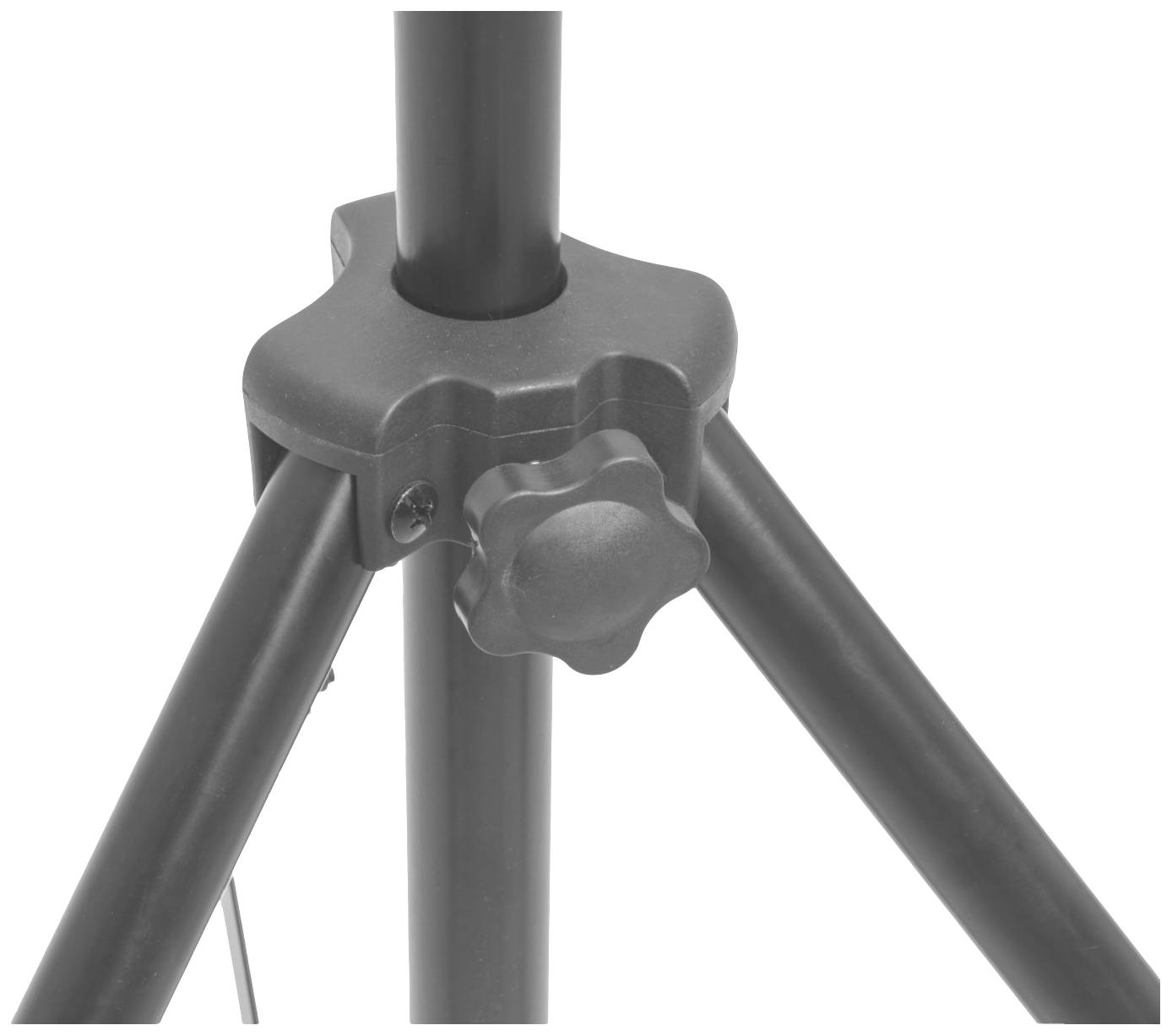 Un trépied montre ses pieds et le bouton rotatif réglable pour l'ajustement de la hauteur, fabriqué en métal, adapté aux caméras ou aux projecteurs.