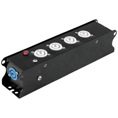 Un bloc adaptateur noir avec quatre prises blanches, une connexion bleue sur le côté et un interrupteur rouge sur le dessus.