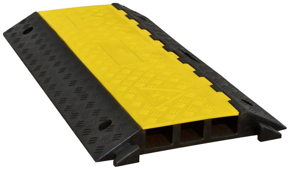 Un pont de câbles en plastique jaune et noir à trois canaux, conçu pour traverser les câbles de manière sûre dans des espaces publics ou industriels.