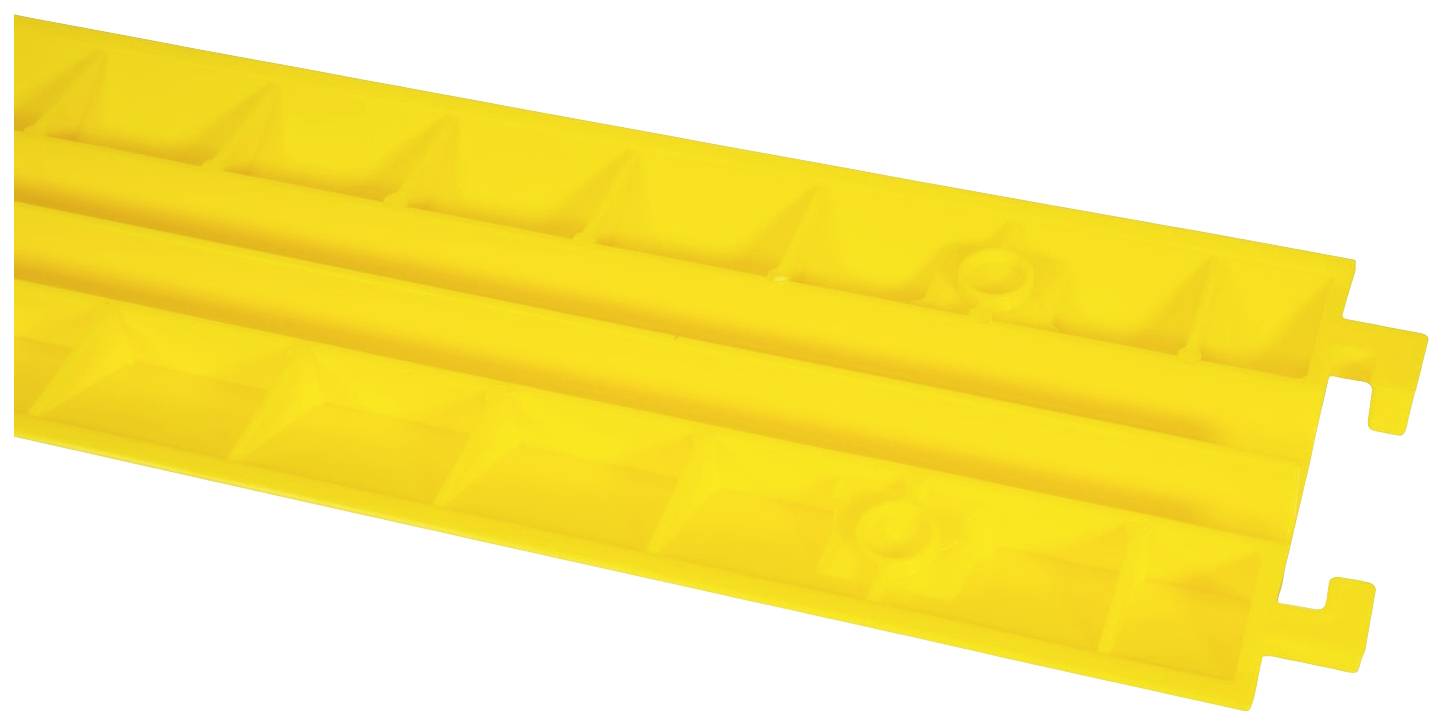 Pont de câbles jaune avec surface antidérapante, profil rectangulaire et éléments de connexion latéraux pour un acheminement de câbles sécurisé.