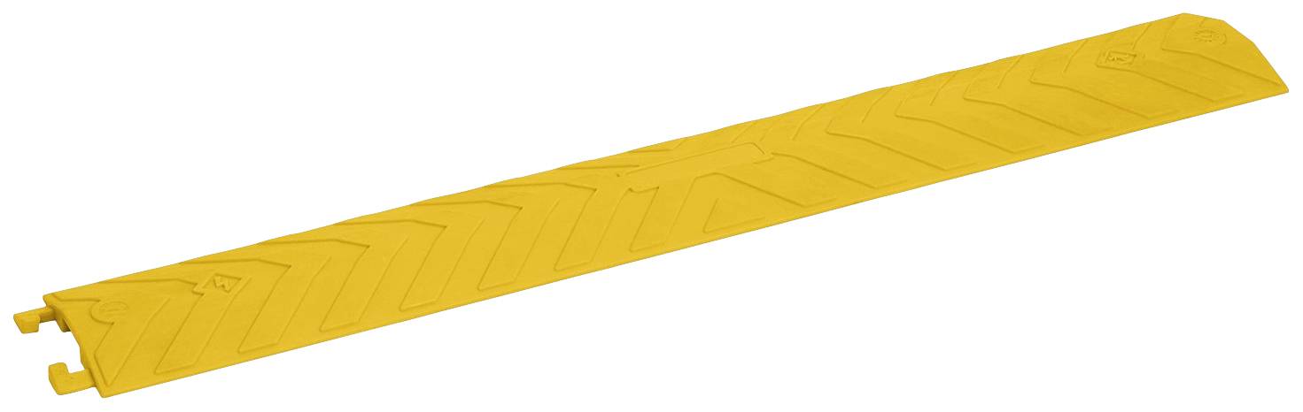 Passerelle de câbles jaune en plastique aux bords biseautés et au design rainuré, adaptée à la protection sécurisée des câbles dans les bureaux ou les ateliers.