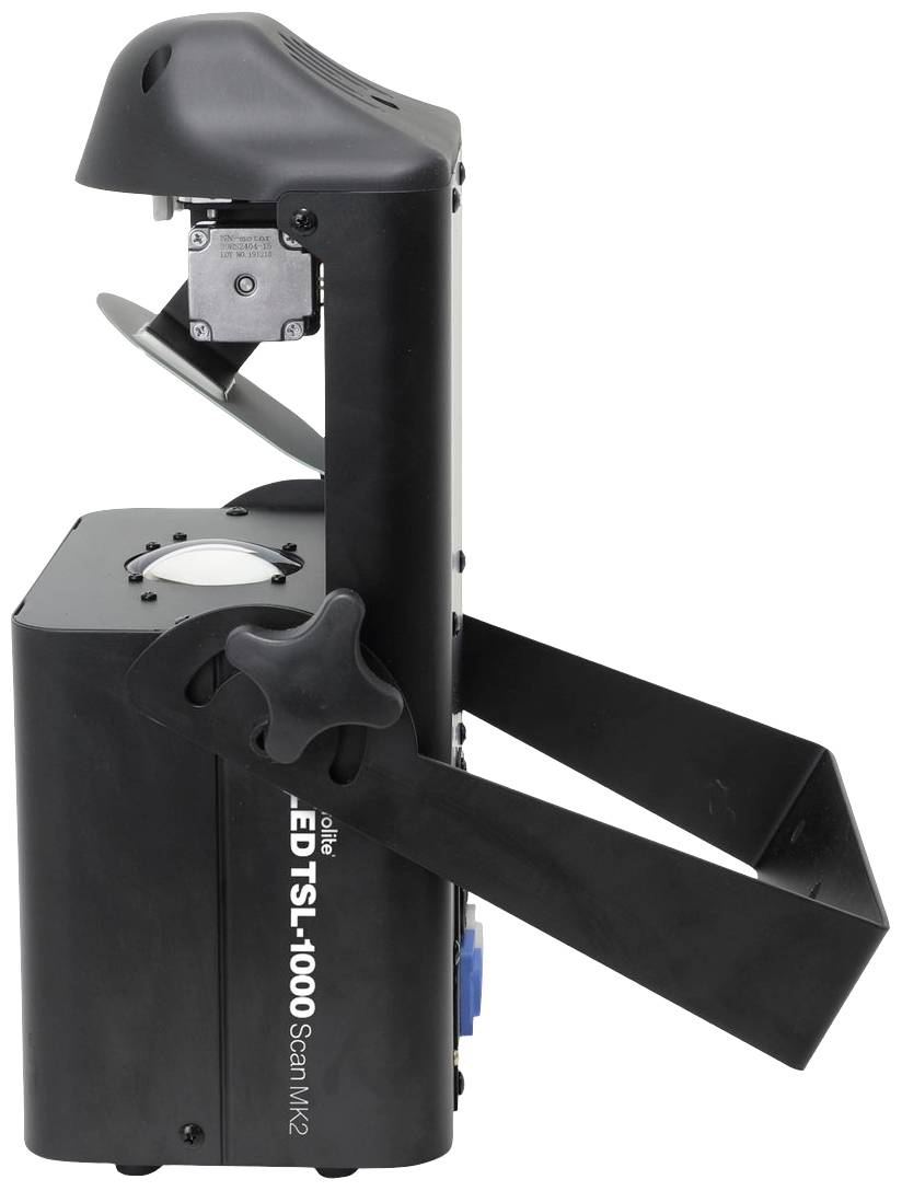 Effet lumineux de DJ noir avec tête mobile et éclairage LED, représenté de côté, adapté aux scènes et événements.