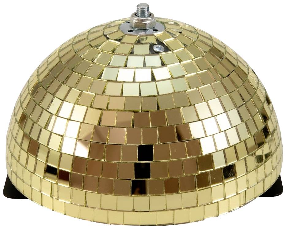 Une demi-sphère dorée recouverte de carreaux miroirs, ressemblant à une boule disco, brillante et réfléchissante.