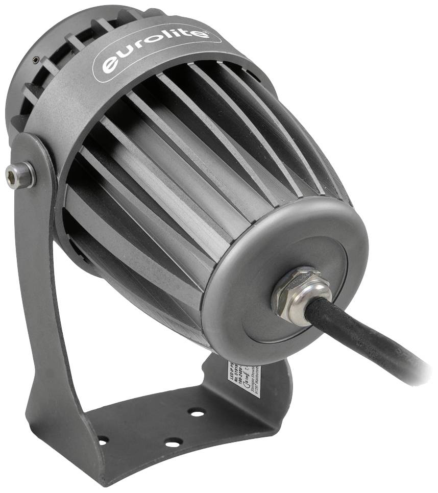 Projecteur LED noir de la marque Eurolite avec ailettes de refroidissement et support métallique, photographié de côté.