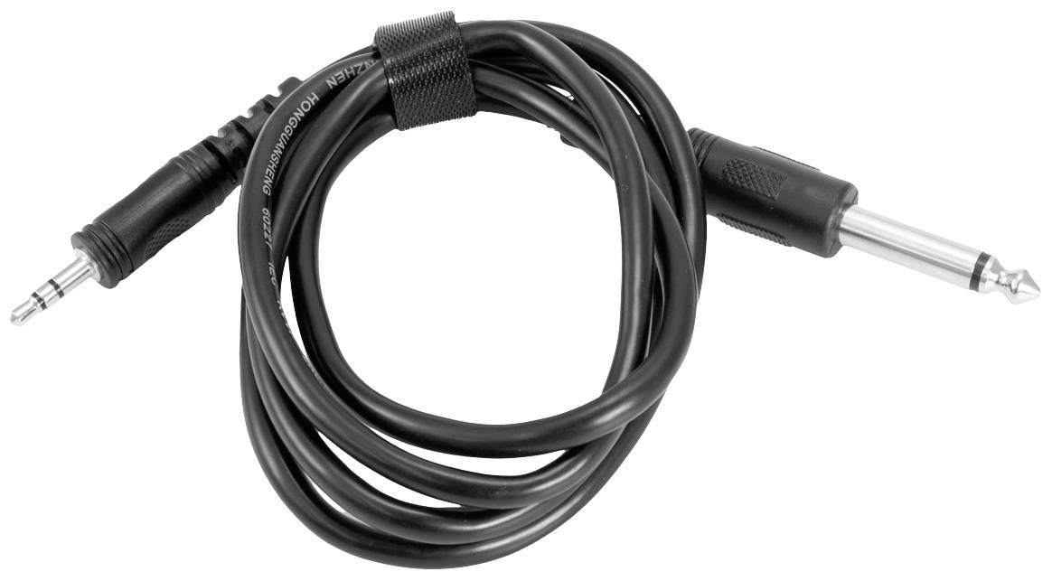Câble audio noir avec une fiche jack de 3,5 mm d'un côté et une fiche jack de 6,35 mm de l'autre, enroulé.