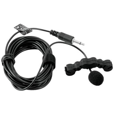 Microphone à clip avec câble et jack 3,5 mm, adapté pour l'enregistrement ou l'amplification vocale, sur fond blanc.