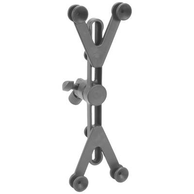 Un support noir ajustable avec des bras en forme de U et un système de fixation par serrage, conçu pour monter des appareils sur des surfaces lisses.