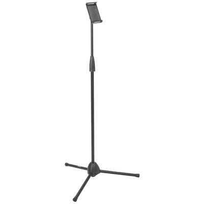 Support noir, réglable, pour tablettes ou smartphones avec base trépied, adapté aux présentations ou aux vidéos.
