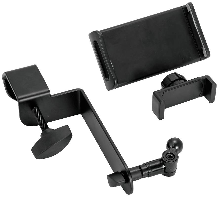 Support de bureau noir avec pince ajustable, deux bras de support et rotule, adapté aux appareils mobiles.