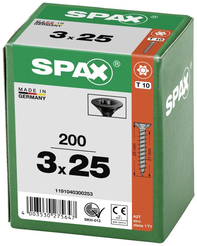 Boîte de vis Spax, taille 3x25 mm, lot de 200 pièces, T10, fabriquées en Allemagne. La face avant présente une image de la vis.