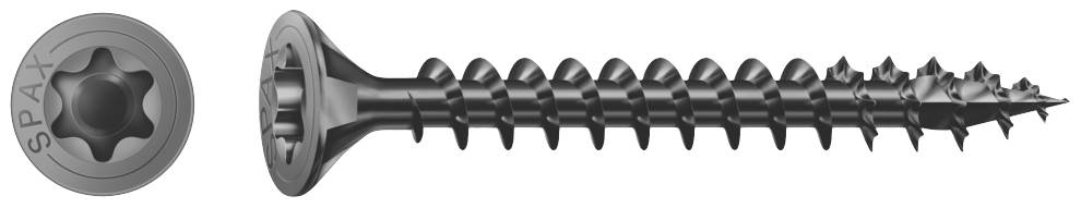 Vis à tête fraisée avec entraînement Torx, vue latérale et vue de dessus. Adaptée pour les assemblages de bois. Marque 'SPAX'.