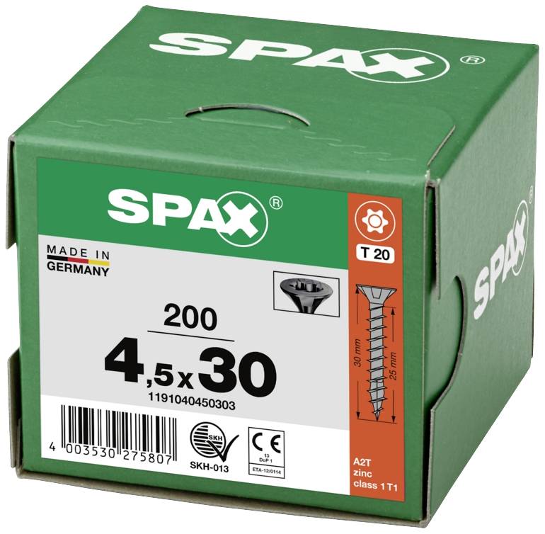 Une boîte verte SPAX contenant 200 vis, taille 4,5x30mm, Made in Germany, avec tête T20. Design d'emballage avec informations sur le produit.