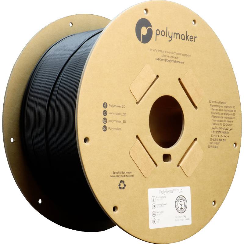 Rouleau de filament noir pour imprimante 3D, marque Polymaker, avec symbole de recyclage. Plastique pour projets d'impression 3D.