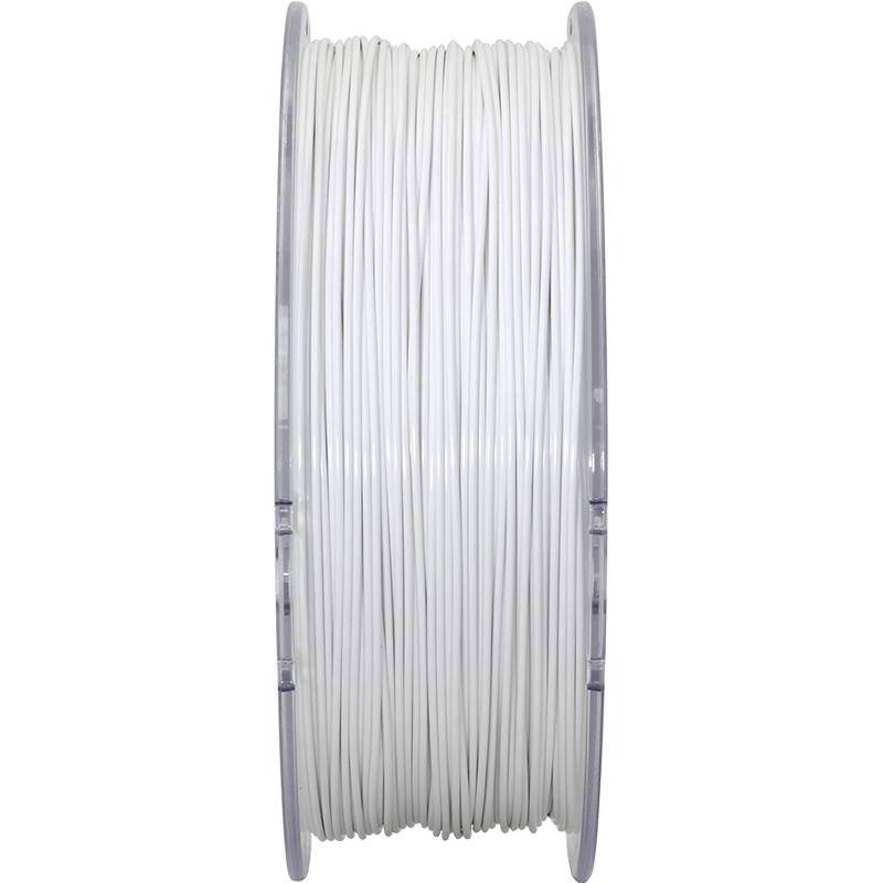 Un rouleau de filament d'impression 3D blanc, enroulé uniformément sur un bobineau en plastique transparent.