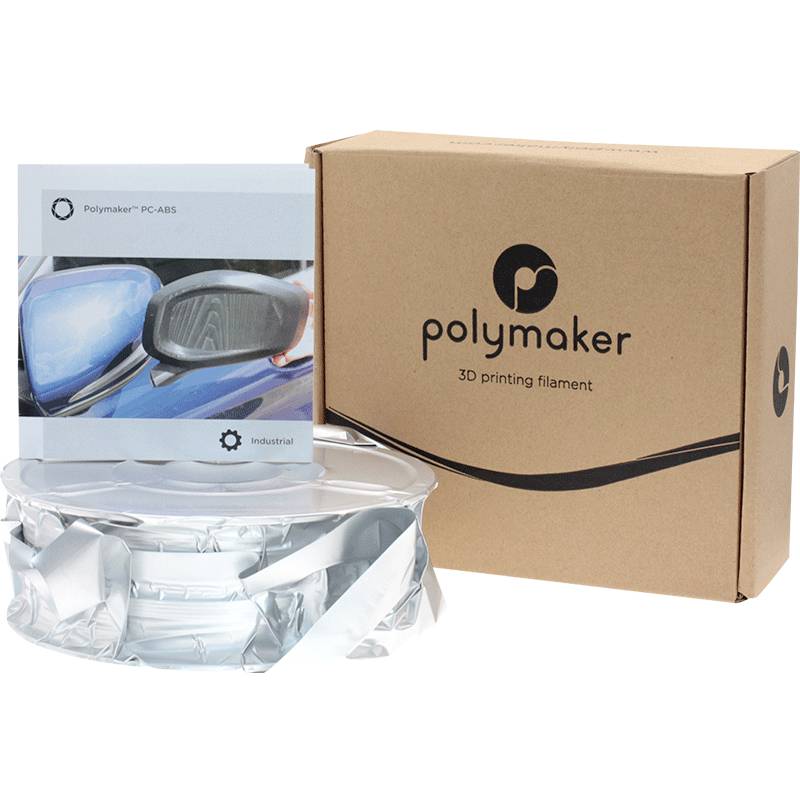 Une boîte marron portant l'inscription « Polymaker 3D printing filament » à côté d'un rouleau de filament et d'une brochure.