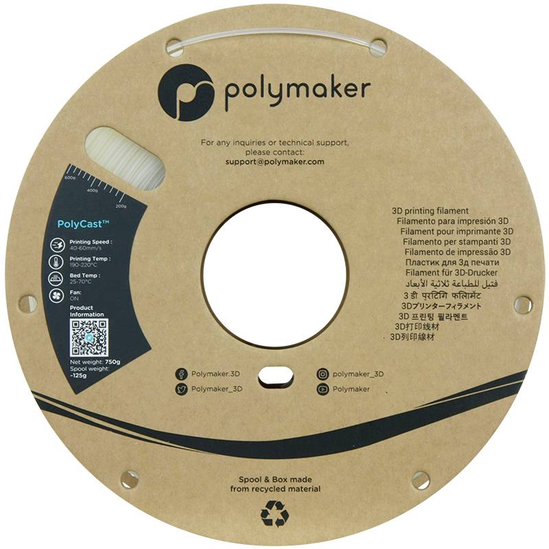 Une bobine ronde de filament d'imprimante 3D de Polymaker, modèle PolyCast. Les informations et l'e-mail de contact sont imprimés dessus.