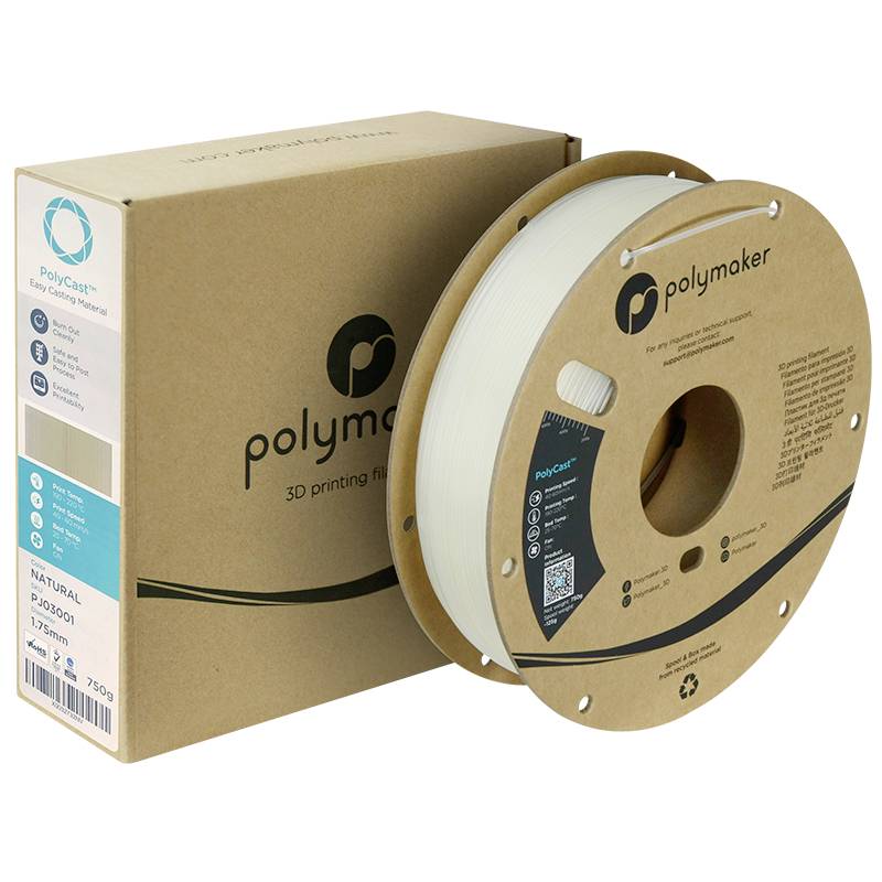 Filament d'imprimante 3D de Polymaker en couleur naturelle, sur un bobineau en carton recyclé, à côté de son emballage.