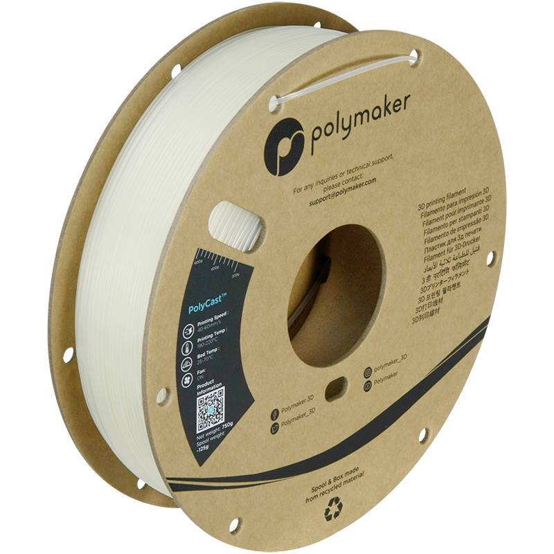 Bobine de filament pour imprimante 3D blanc de Polymaker, marque 'PolyCast'. Contient un code QR et des détails techniques sur l'emballage.