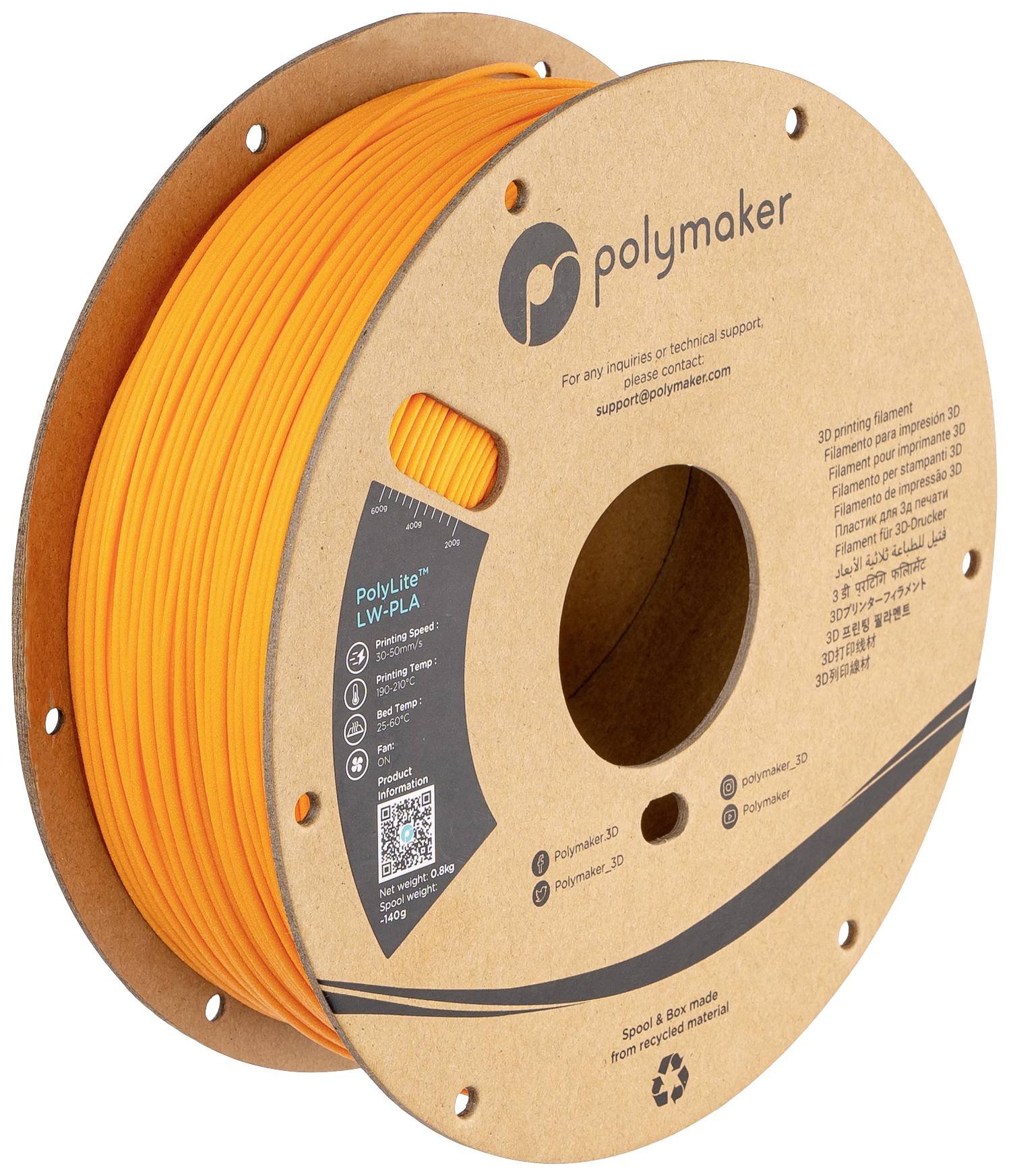 Support de bobine en carton avec du filament d'impression 3D orange. Le texte fournit des détails techniques, y compris le matériau et la marque Polymaker.