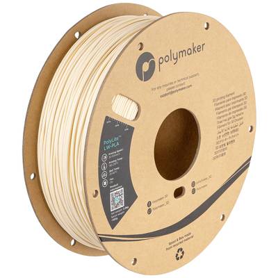 Une bobine de filament pour imprimante 3D en LW-PLA de la marque Polymaker. L'emballage affiche des informations et un code QR.