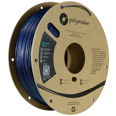 Une bobine de filament d'impression 3D PolyLite PETG bleu de Polymaker. L'emballage est fabriqué à partir de papier recyclé.