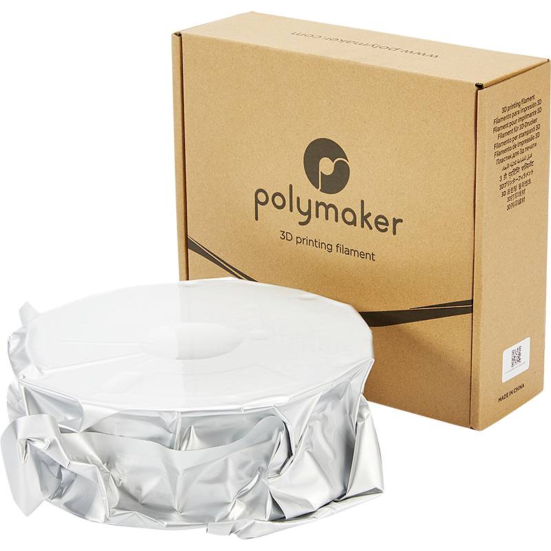 Filament d'imprimante 3D Polymaker dans son emballage en carton, avec un rouleau de filament emballé dans du film plastique à côté.