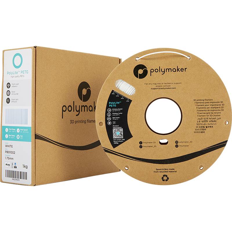 Filament Polymaker PolyLite PETG pour imprimante 3D, bobine blanche à côté de son emballage. Adapté pour une impression 3D précise.