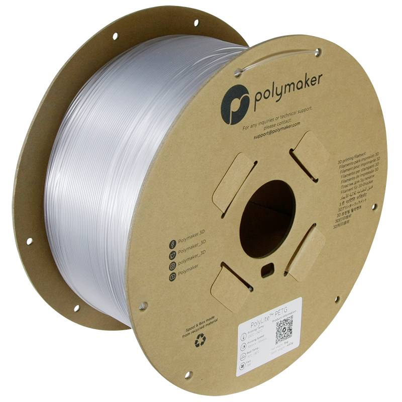 Une grande bobine de filament d'impression 3D transparent de la marque Polymaker, enroulée sur un noyau en carton.