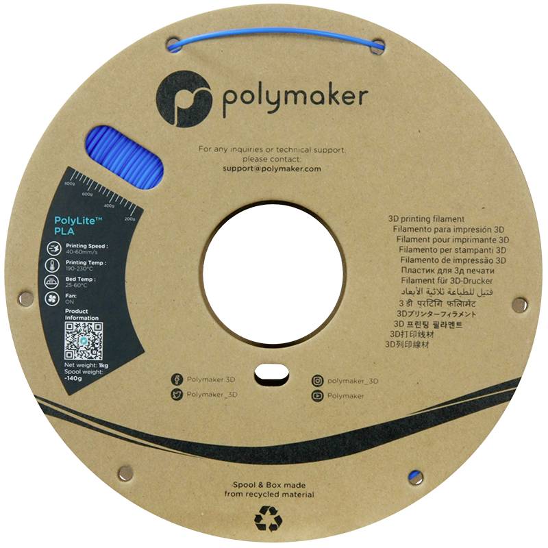 Bobine de filament Polymaker PolyLite PLA, matériau d'impression 3D, diamètre de 1,75 mm, 1 kg, fabriqué à partir de matériaux recyclés, bleu.