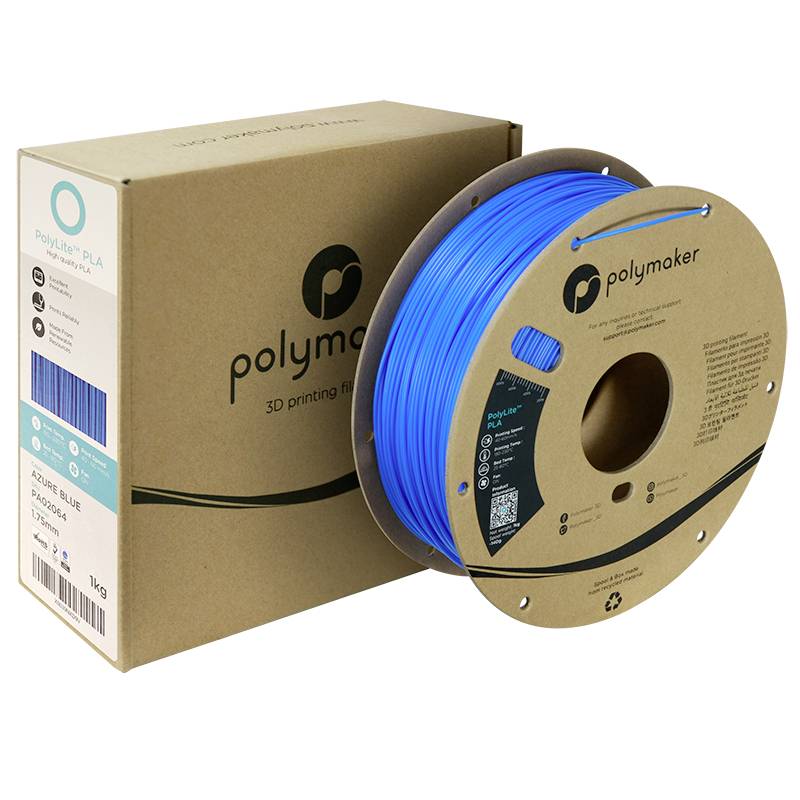 Bobine de filament bleu pour imprimante 3D à côté de son emballage Polymaker.