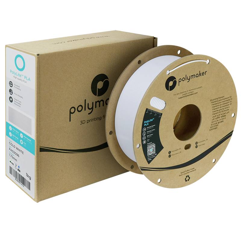 Un rouleau de filament d'impression 3D blanc Polymaker devant son emballage.