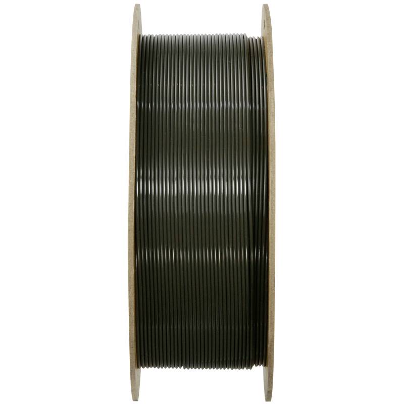 Une bobine en plastique sombre avec un fil enroulé serré autour du noyau. La bobine est stabilisée par des disques en bois latéraux.