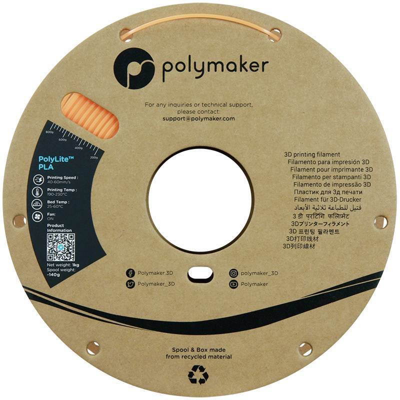 Bobine de filament pour imprimante 3D 'Polymaker'. Matériau : PolyLite PLA, diamètre de 1,75 mm, 1 kg. Bobine fabriquée à partir de matériaux recyclés.