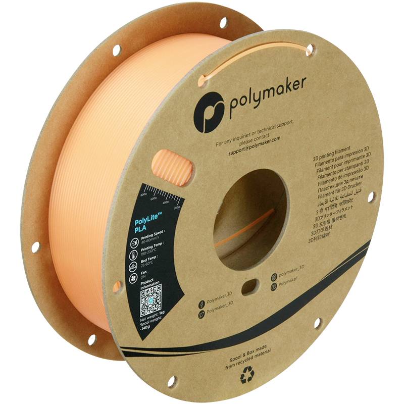 Un rouleau de filament Polymaker pour imprimante 3D, de couleur orange. Les informations, le code QR et les coordonnées de contact sont imprimés sur l'étiquette.