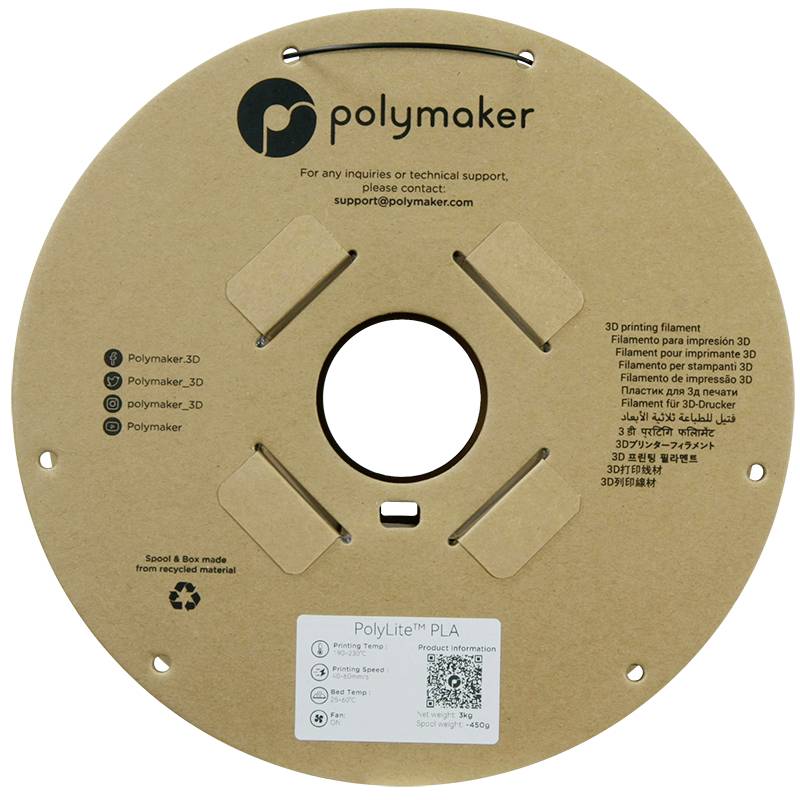 Bobine de filament PolyLite PLA de Polymaker, pour imprimantes 3D, diamètre de 1,75 mm, 750 g. Informations de contact imprimées sur l'emballage.