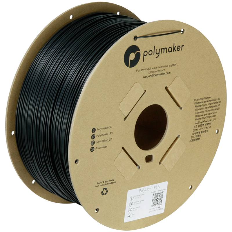 Rouleau noir de filament d'impression 3D en PLA de Polymaker. Contient les informations de contact et le symbole de recyclage sur l'emballage.
