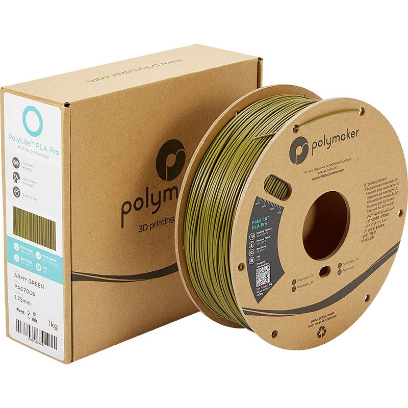 Filament Polymaker Polylite PLA Pro en vert armée pour impression 3D. L'étiquette sur la bobine contient des détails sur le matériau et le poids. Emballage en arrière-plan.