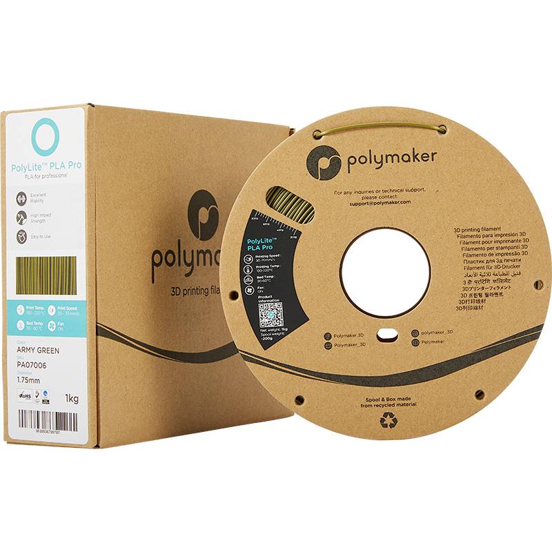 Filament Polymaker pour imprimante 3D en "Vert Armée" à côté de son emballage. Les deux affichent le logo de la marque et les détails essentiels du produit.