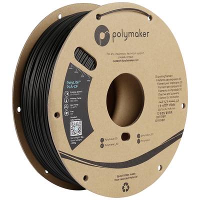 Bobine de filament PLA-CF de Polymaker avec finition en carbone noir pour impression 3D. L'emballage contient des informations textuelles, un code QR et des logos.