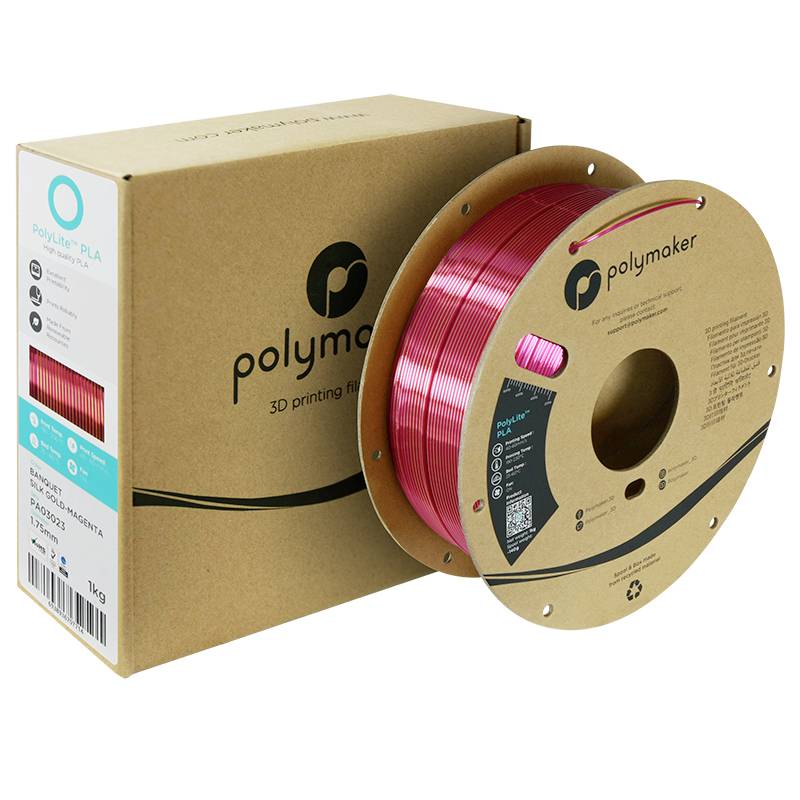Une bobine de filament d'impression 3D rouge de la marque Polymaker avec son emballage en arrière-plan.