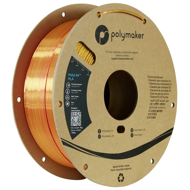 Bobine de filament d'imprimante 3D orange de la marque Polymaker. L'étiquette affiche les informations sur le matériau et un code QR pour plus de détails.