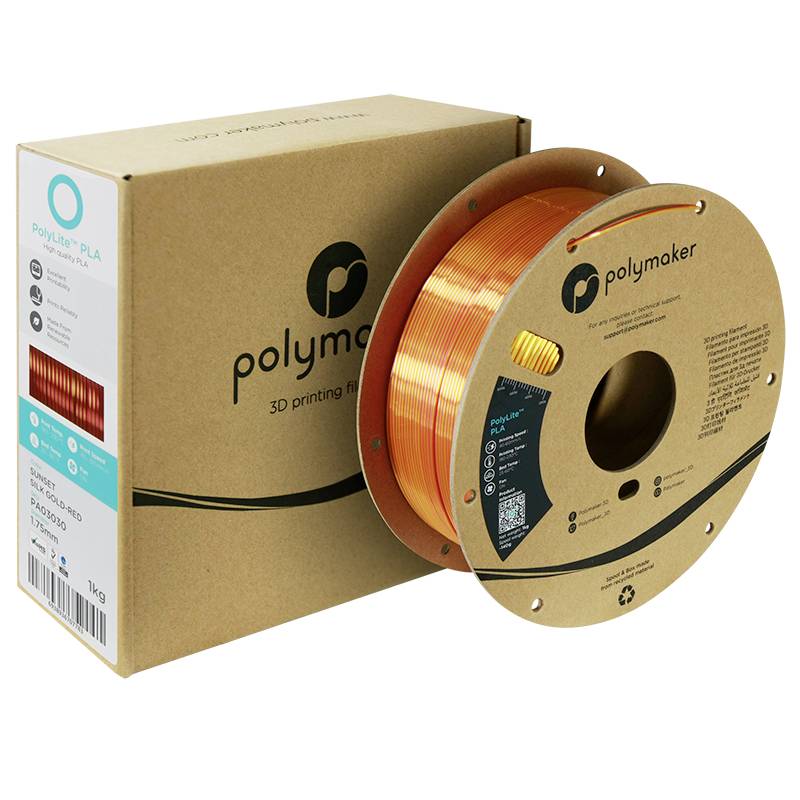 Une bobine de filament d'imprimante 3D orange de Polymaker à côté d'une boîte d'emballage brune avec logo et informations sur le produit.