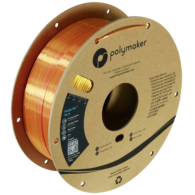 Une bobine de filament PLA orange pour imprimante 3D de la marque Polymaker. L'étiquette affiche des informations de contact et un code QR.