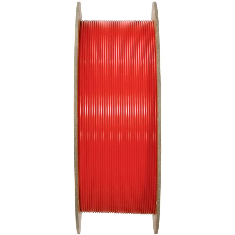 Un rouleau de filament d'impression 3D rouge vif, enroulé sur un bobineau en bois.