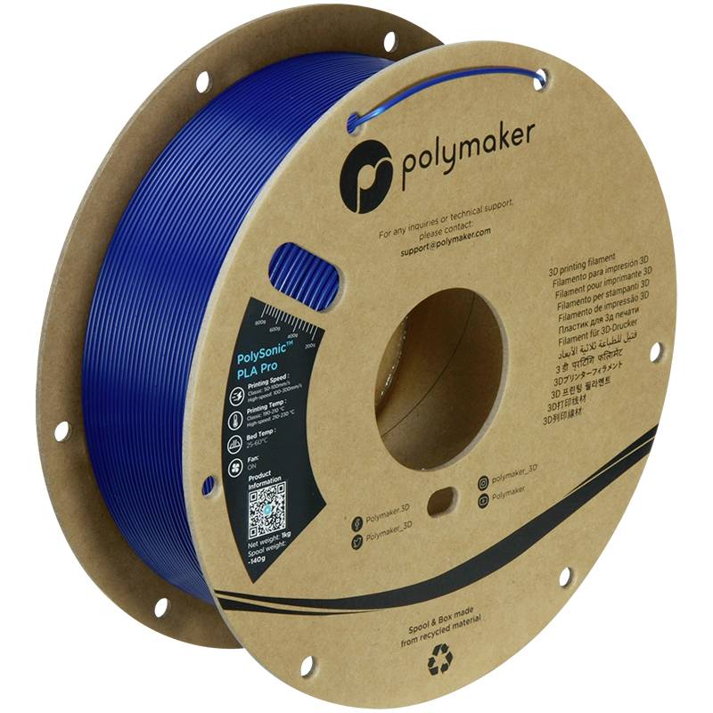 Grande bobine de filament pour imprimante 3D bleu de Polymaker. Contient des informations sur le produit, des coordonnées de contact et un code QR.